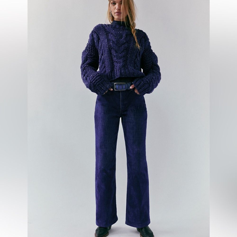 Free People We the Free Tinsley Baggy High Rise Flocked Jeans Twilight Blue - Picture 2 of 14